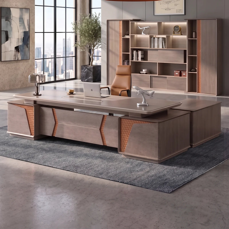 York desk in a city office beneath triple ring pendants