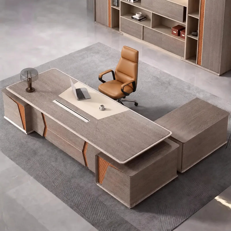 York desk in rose gray oak, left return, mobile pedestal tucked