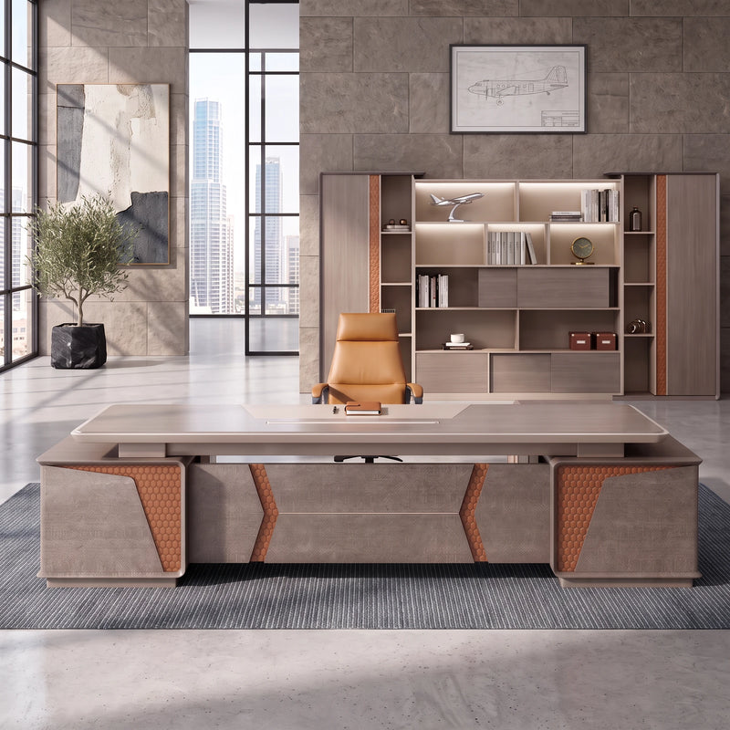York desk centered under orange-rimmed halo lights
