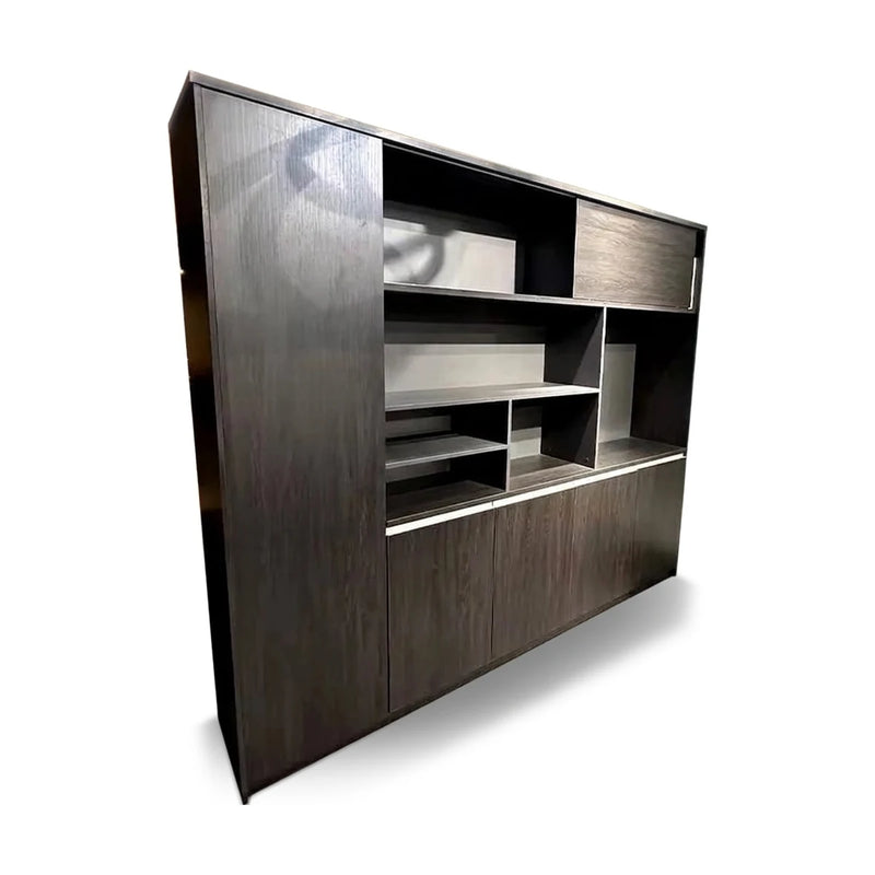 Wallis 8′ (96-inch) office shelves in ebony brown, angled view, sliding panel over open cubbies and lower doors