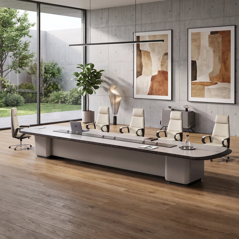 Zenith executive boardroom table seating 20, angled view with a fjord and mountain landscape outside