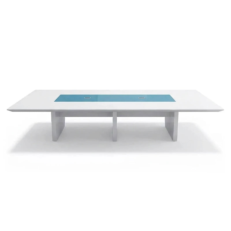 Forum modern white conference table with a blue glass center panel on three slab legs, 6′7″ to 16′5″ (79 to 197-inch) lengths