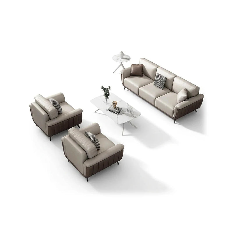 Resarö modern office lounge conversation set in beige and gray leather: 3-seater sofa, two arm chairs and a white coffee table