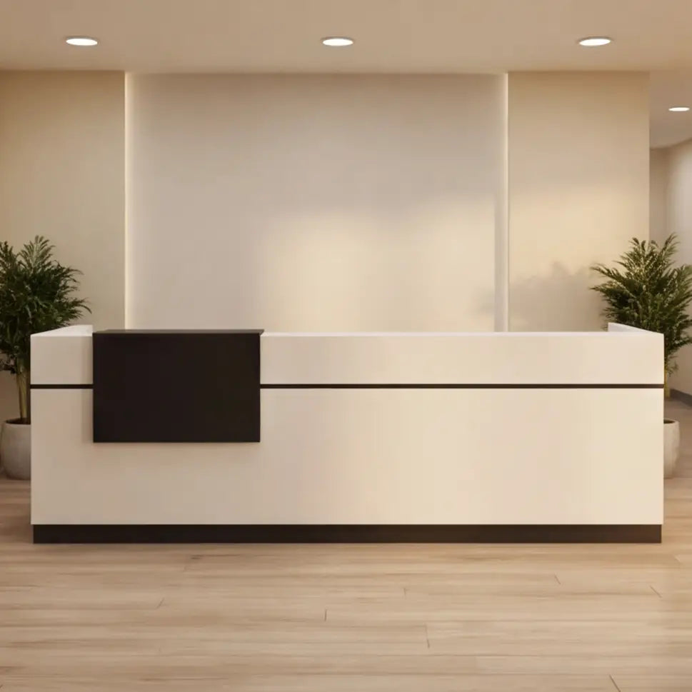 Reception desk in a furnished office lobby