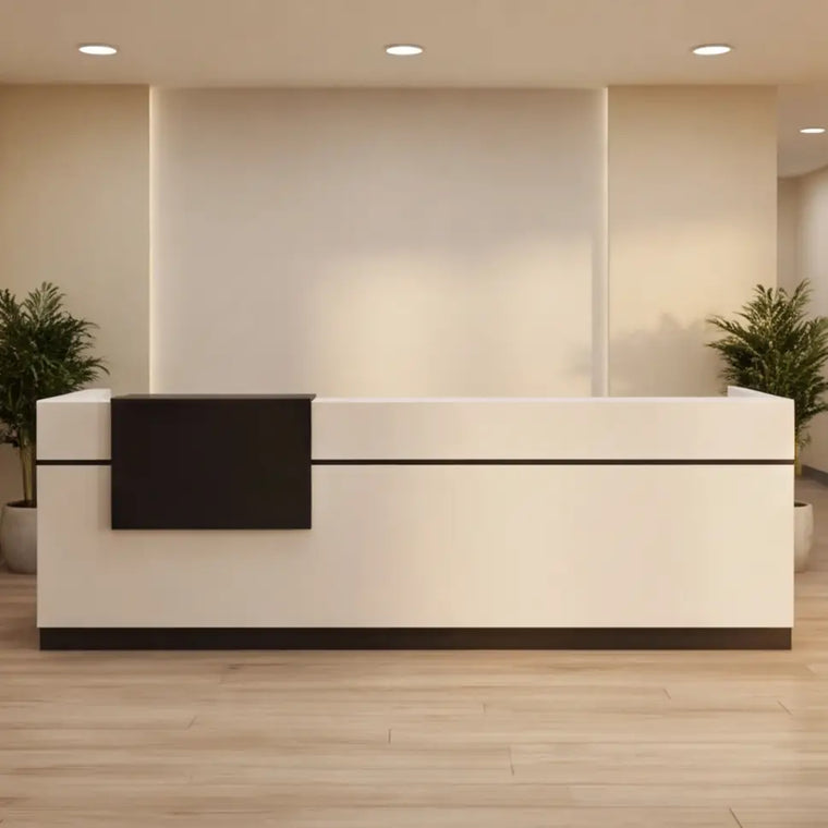 Reception desk in a furnished office lobby