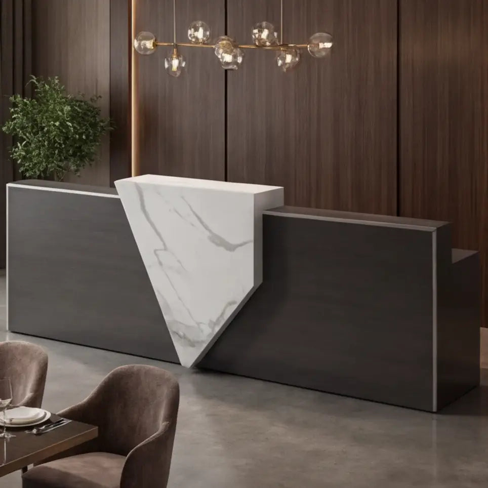Modern reception desk in a luxe wood-panelled office lobby