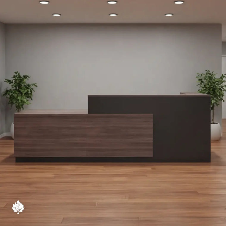 Reception desk in a furnished office lobby