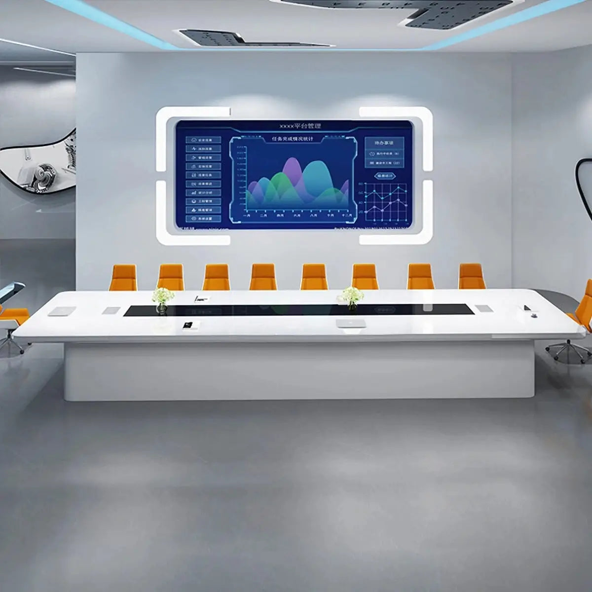 White conference table in a modern boardroom with a data screen