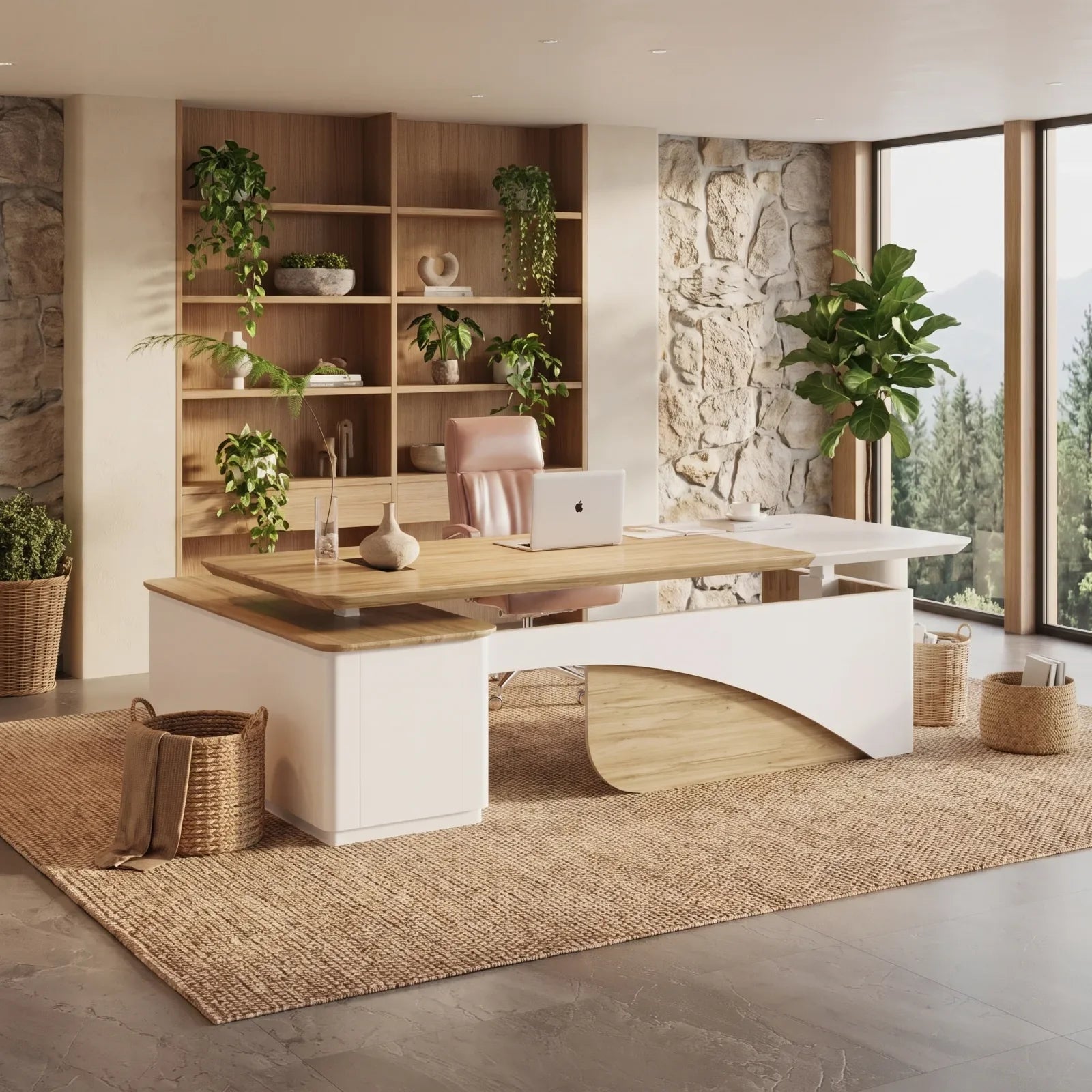 Biophilic executive office with a wood desk, plants, and soft natural light