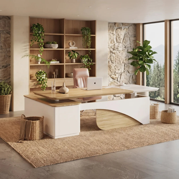Biophilic executive office with a wood desk, plants, and soft natural light