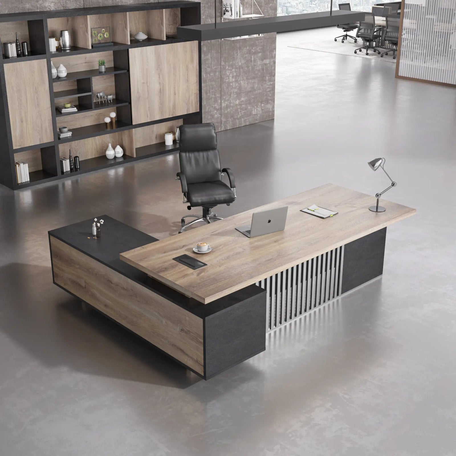 Home office with an L-shaped executive desk and shelving