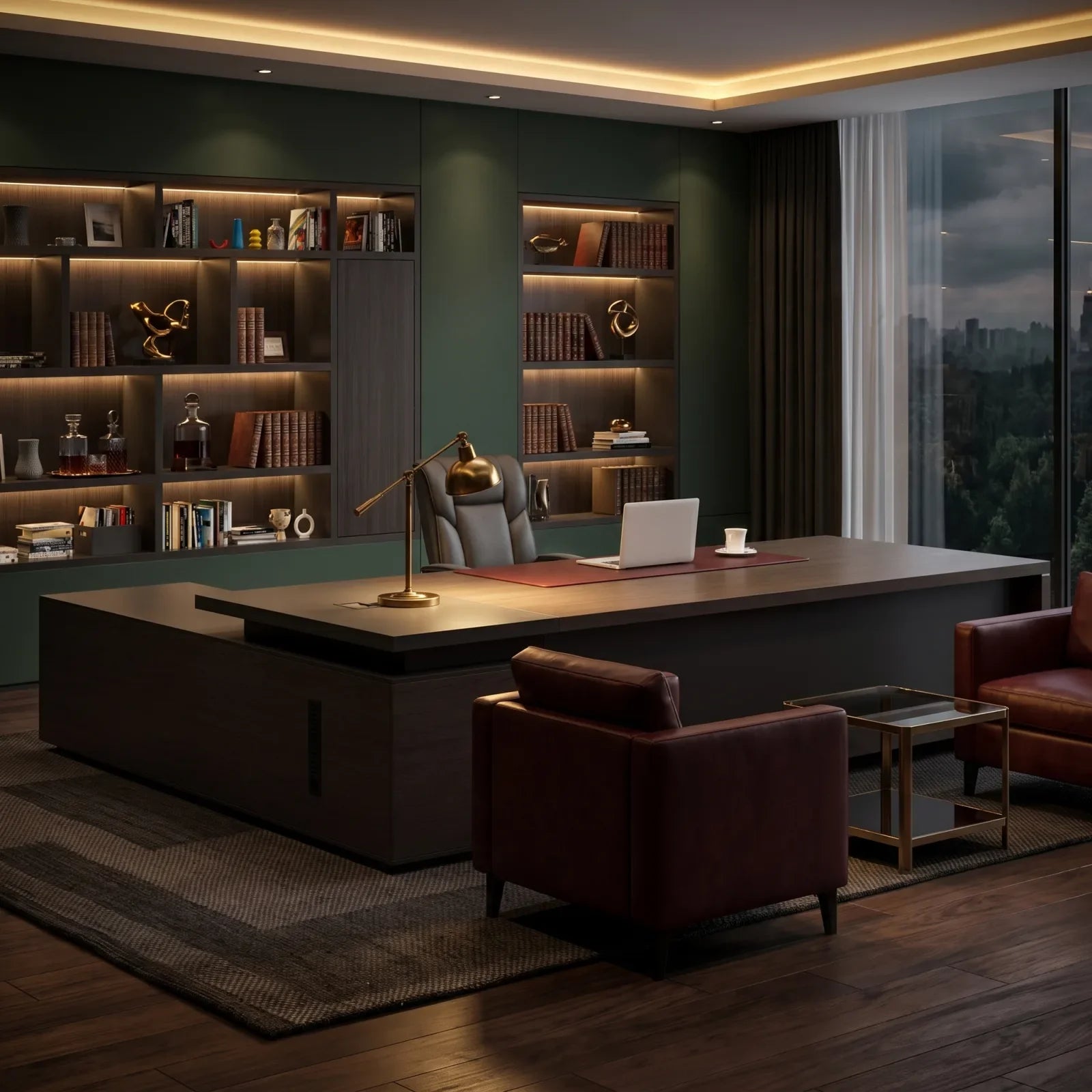 Dark, moody executive office with deep tones and warm low lighting