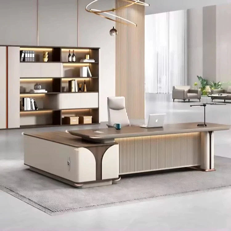 Executive desk in a warm wood finish anchoring an office palette