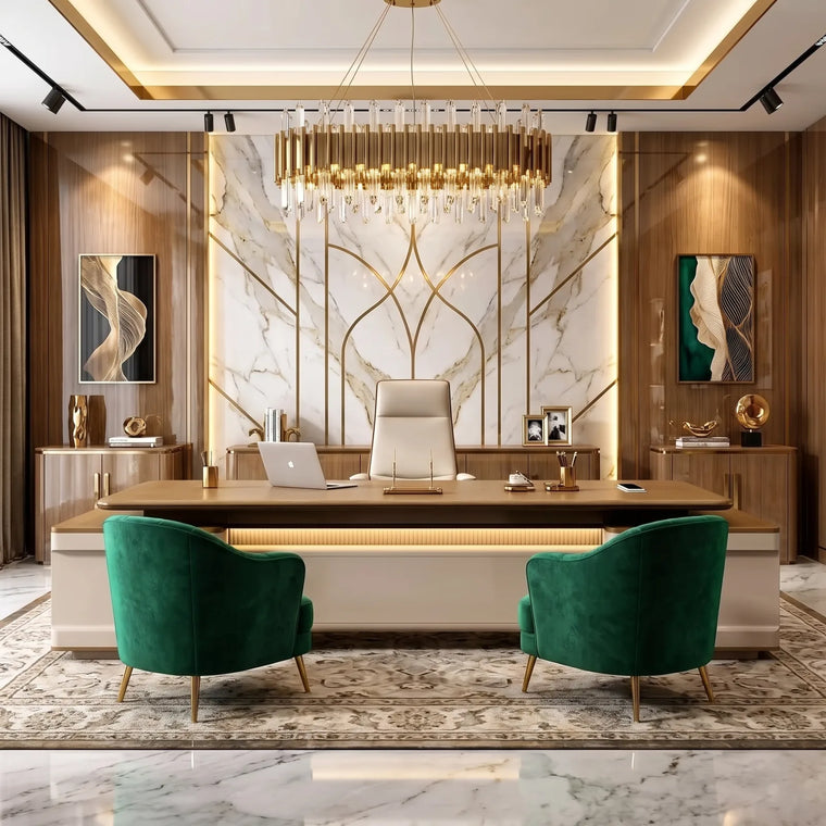 Glamorous executive office with marble, brass, and statement lighting