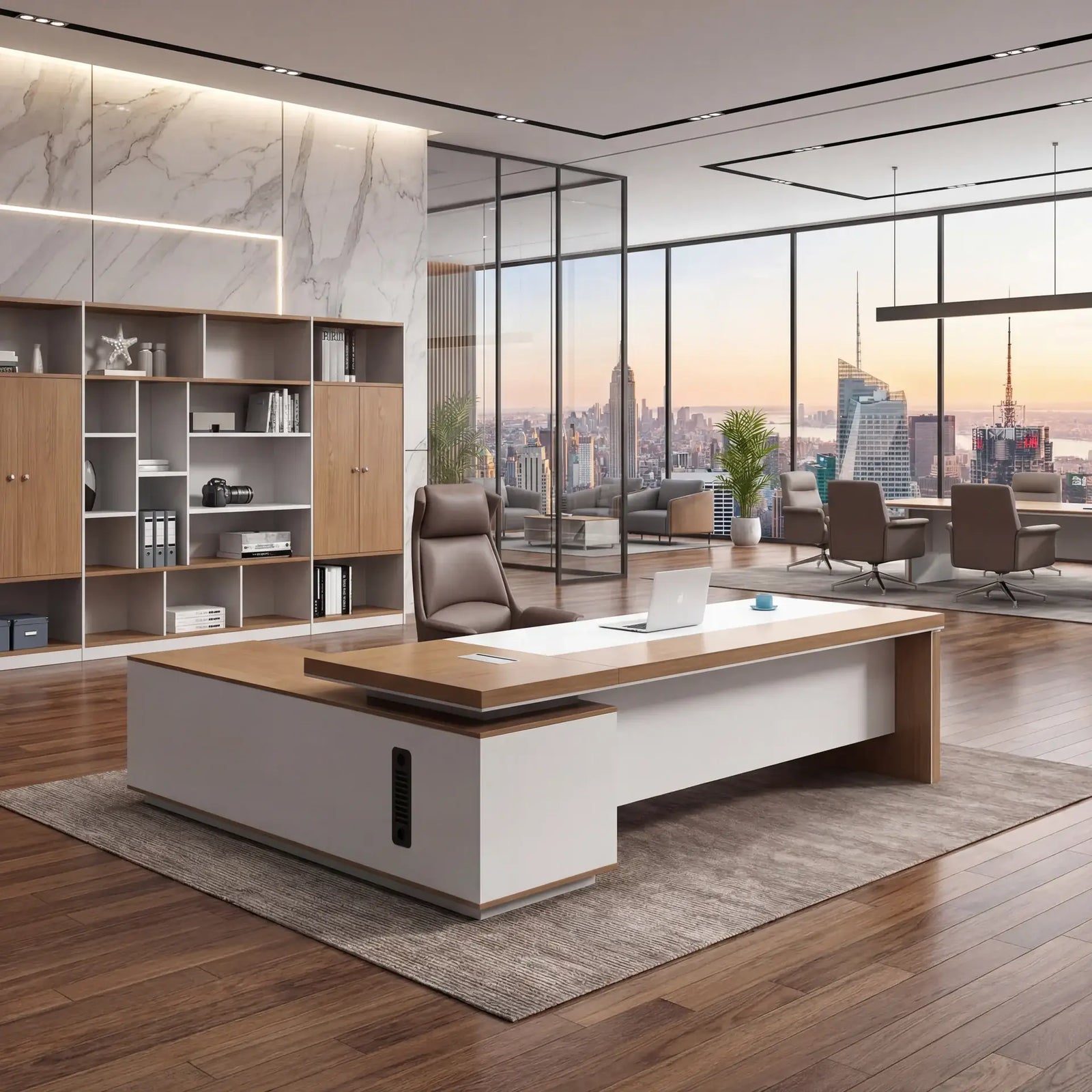 L-shaped executive desk with a bookshelf in a window office