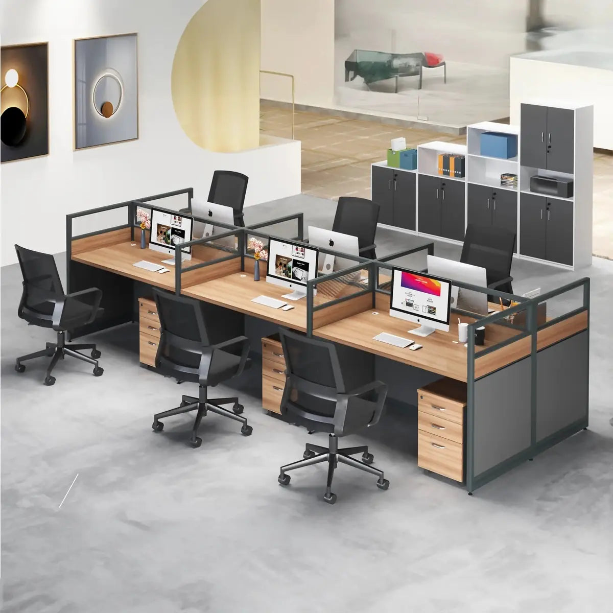 Gray cubicle workstations with chairs in an open-plan office