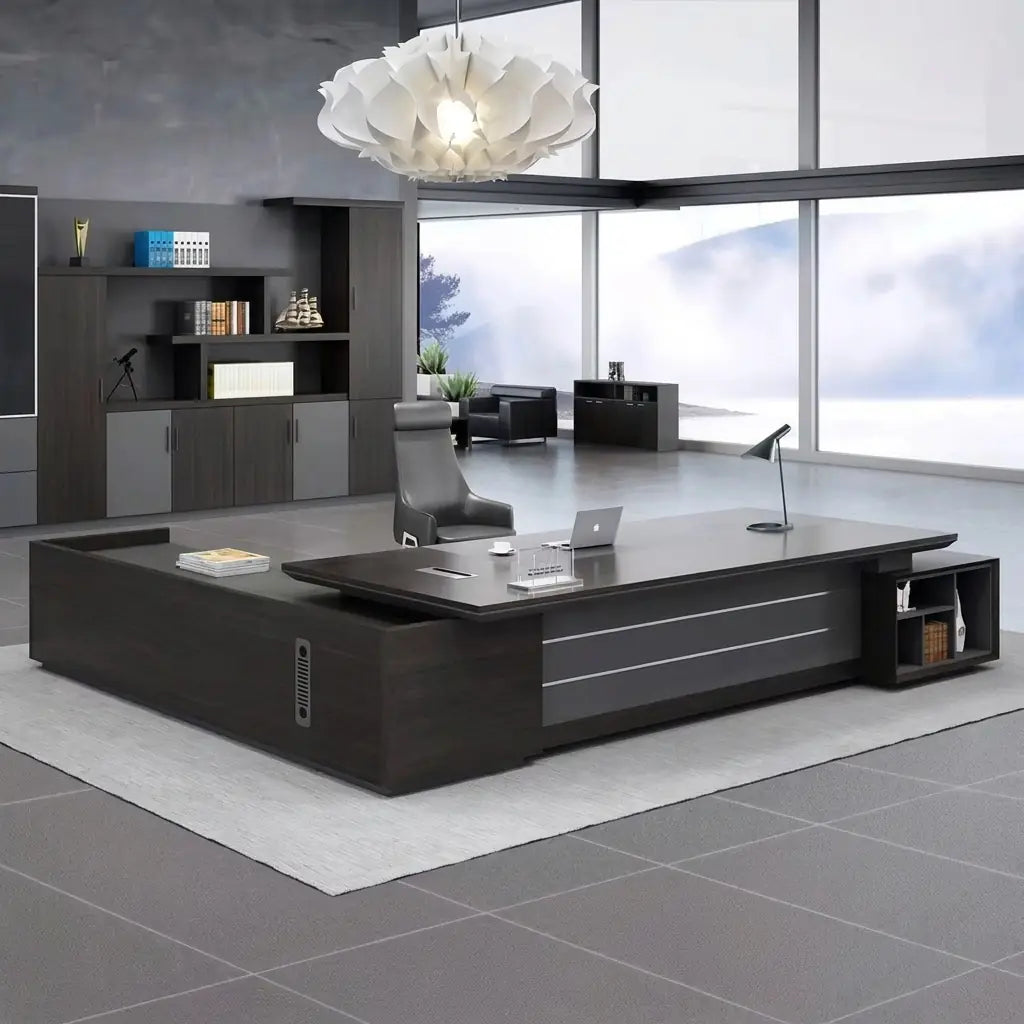 Executive L-shaped desk in a panoramic-window office