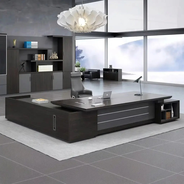 Executive L-shaped desk in a panoramic-window office