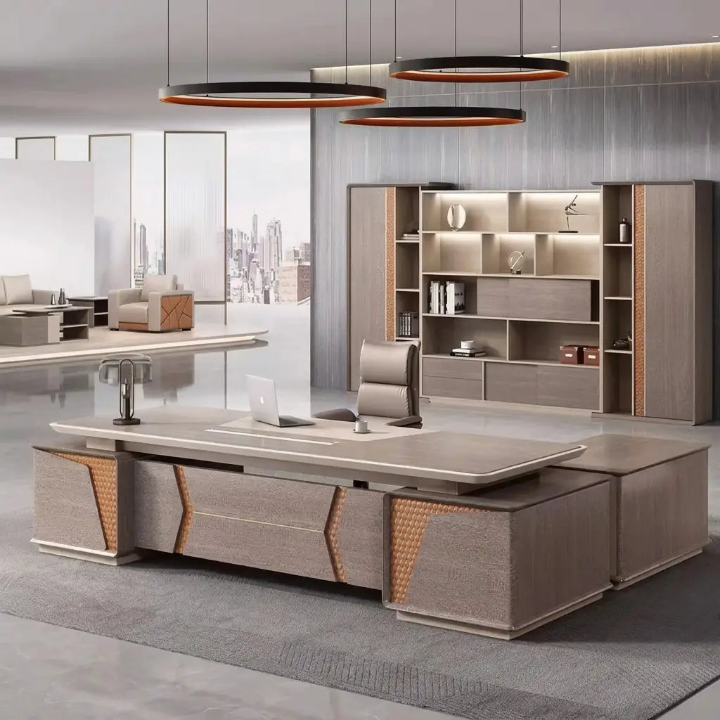 Refined home executive office with an L-shaped desk and shelving