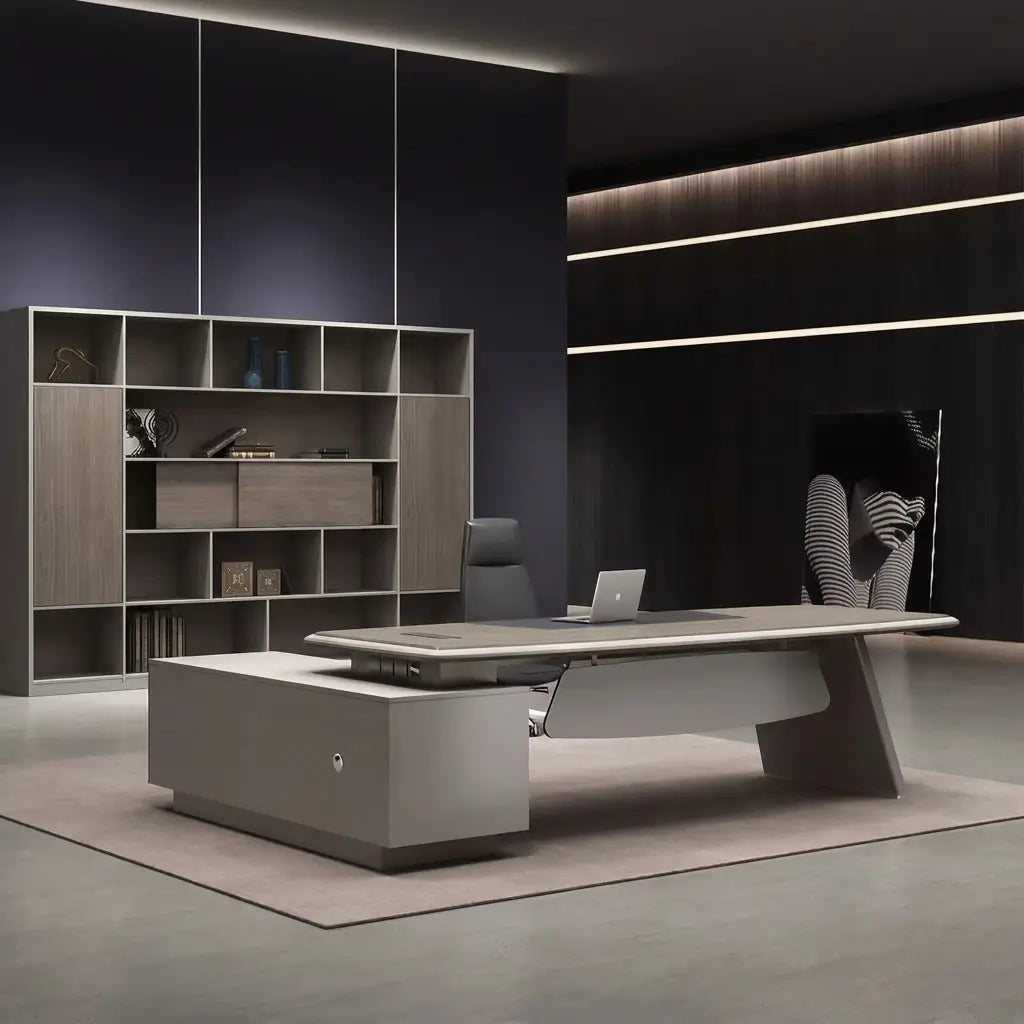 Dark modern executive office with layered cove, accent, and task lighting