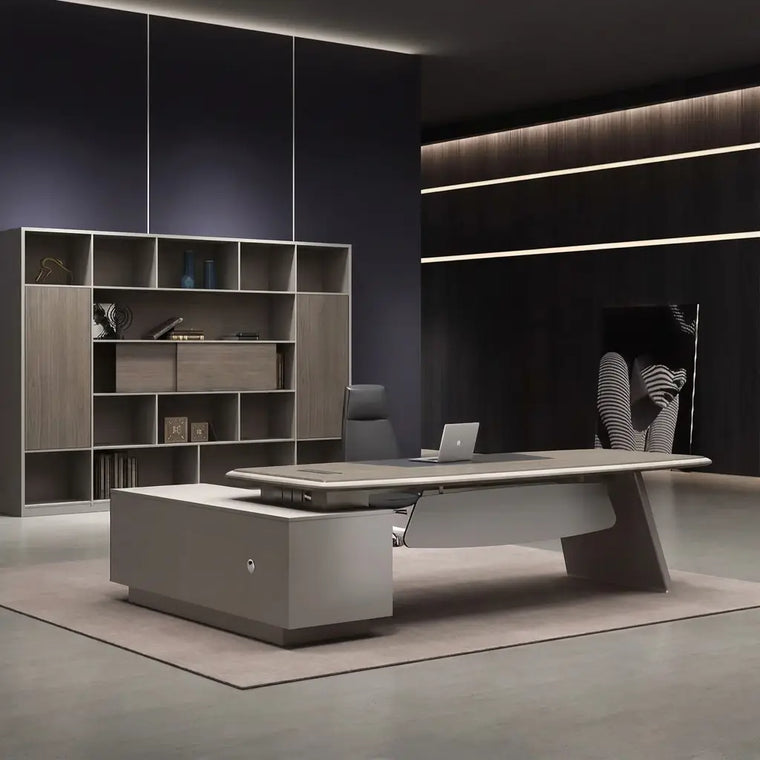 Dark modern executive office with layered cove, accent, and task lighting