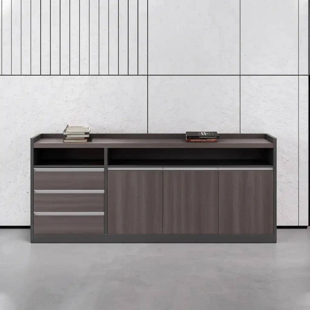 Wood credenza sideboard in a paneled executive office