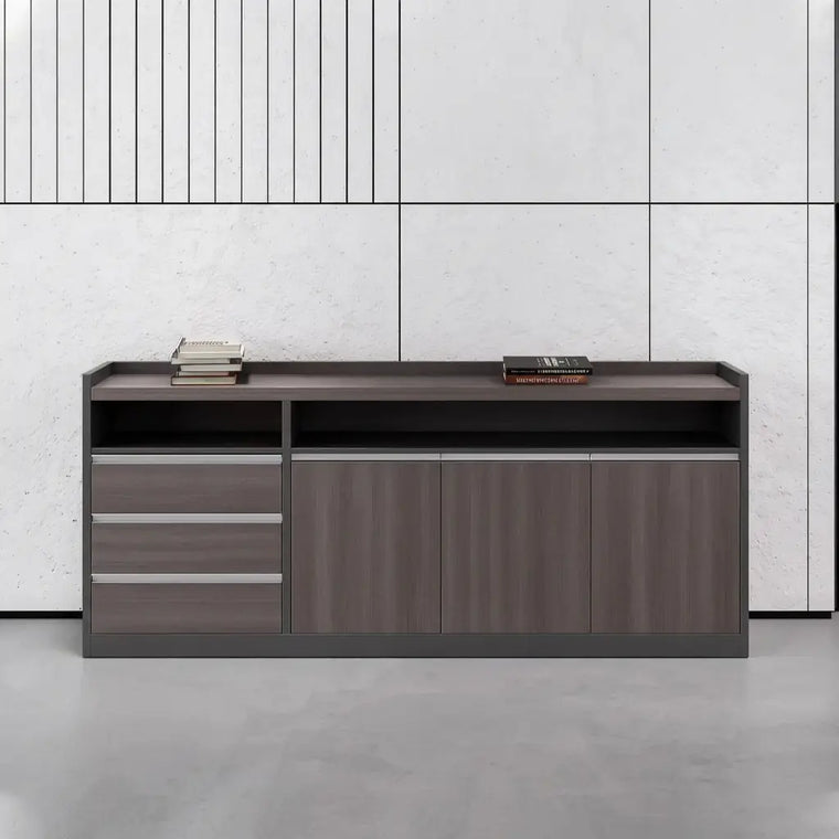 Wood credenza sideboard in a paneled executive office