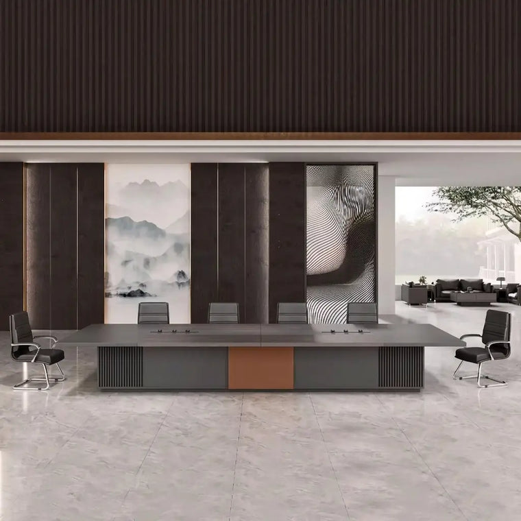 Dark, formal boardroom with a large conference table