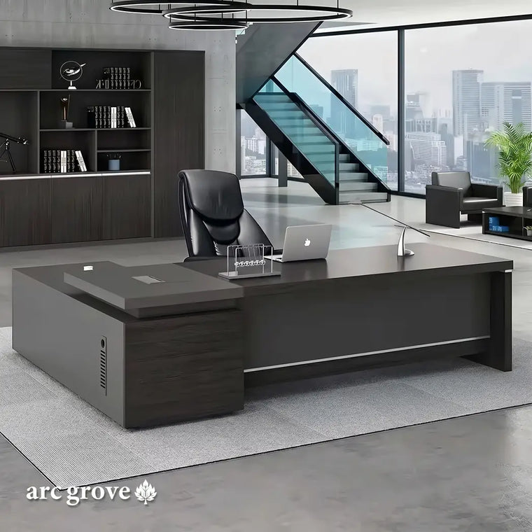 Black-brown L-shaped executive desk in a home office