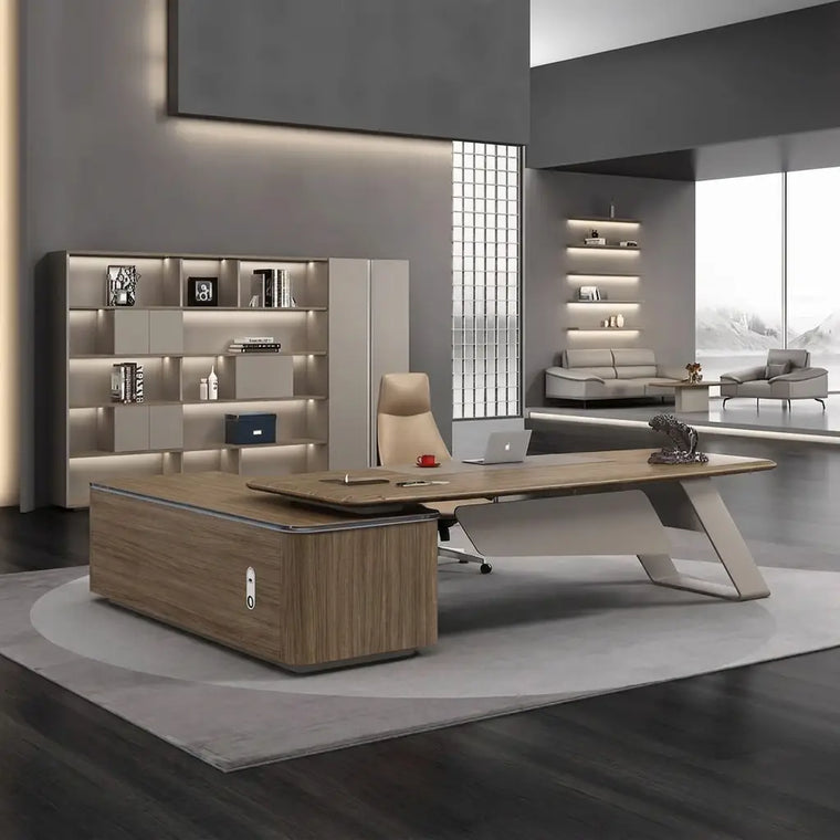 Complete executive office with a walnut L-desk, a full backlit shelving wall, and a lounge seating area by a mountain-view window