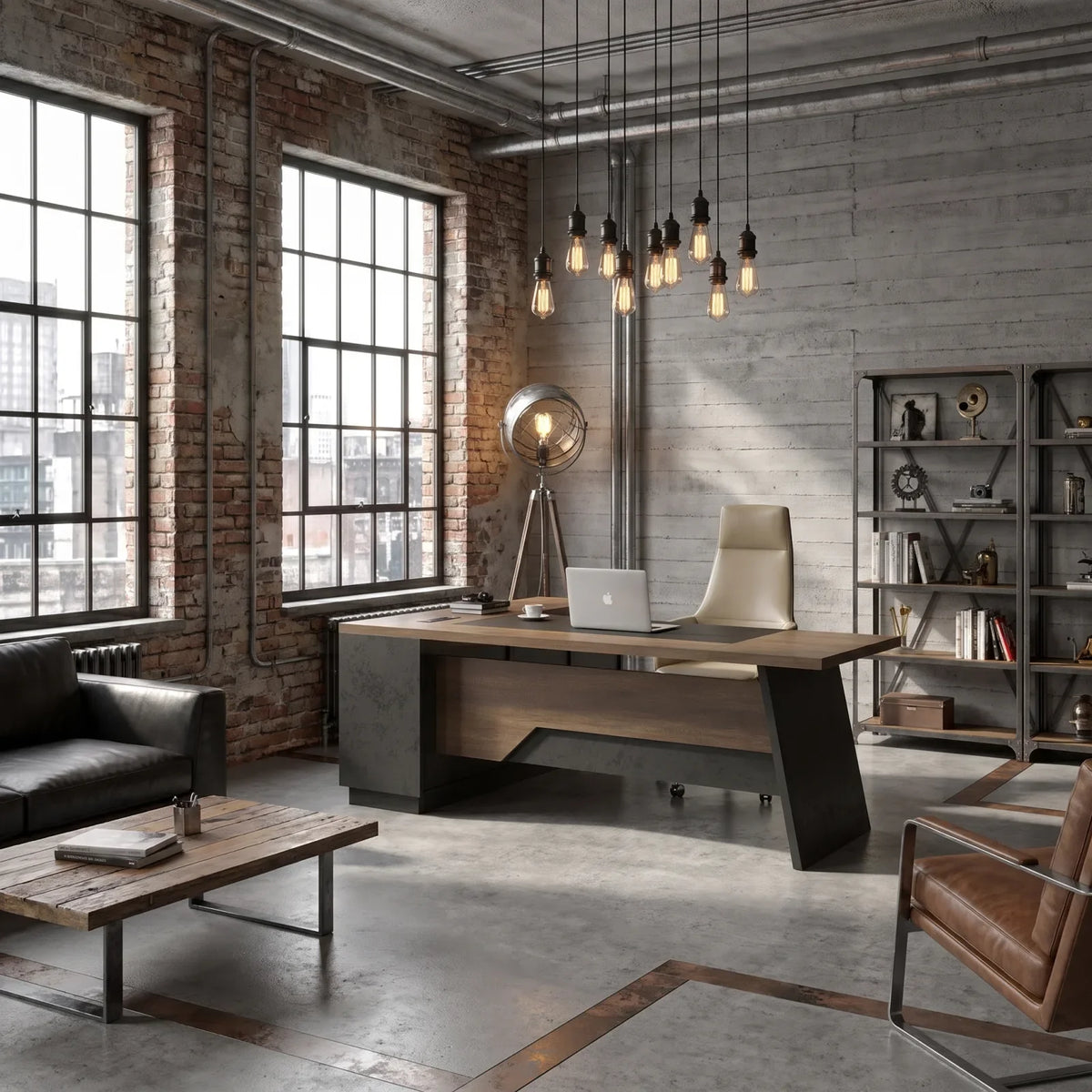 Industrial executive office with metal, dark wood, and a grounded palette