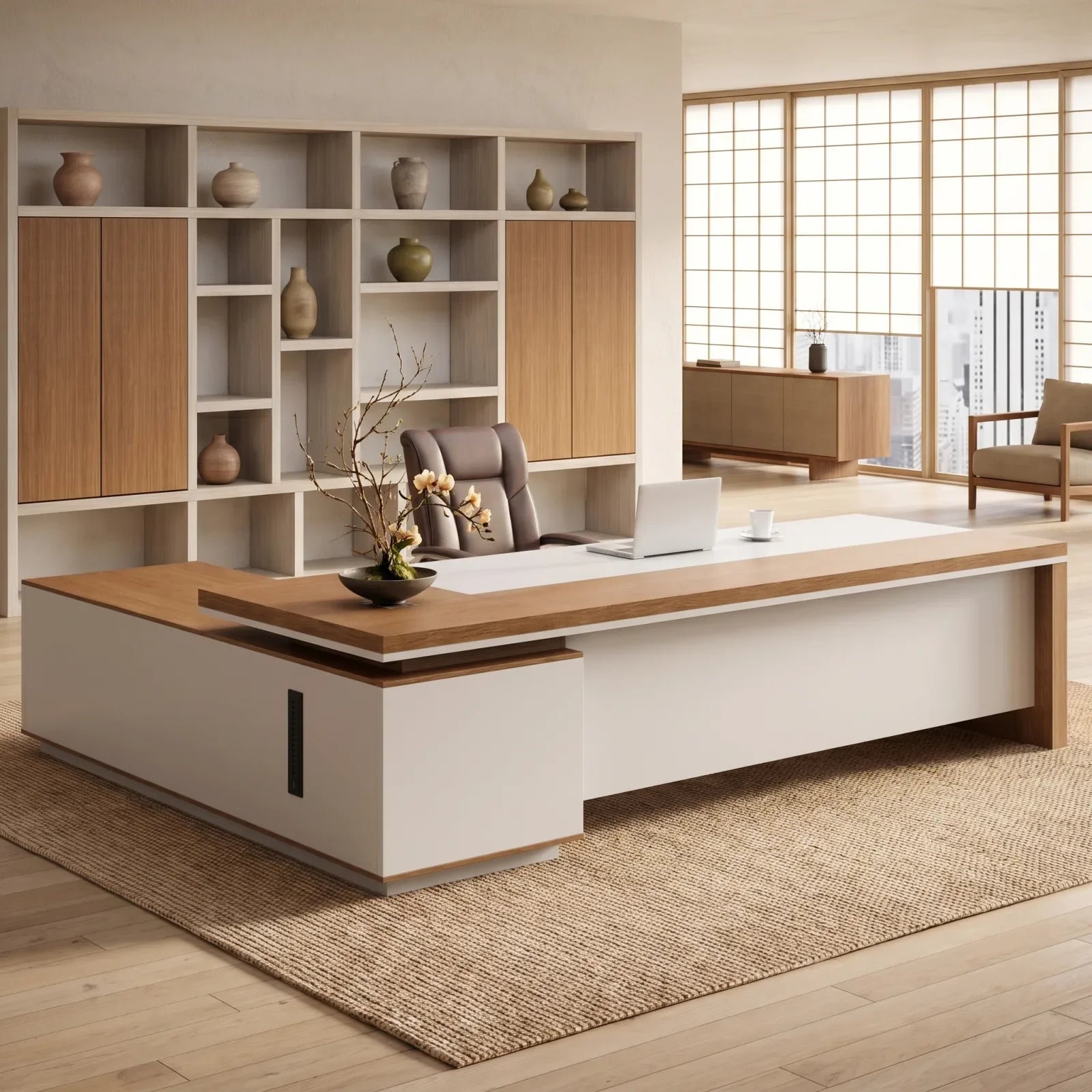 Japandi executive office with pale wood, muted tones, and natural materials