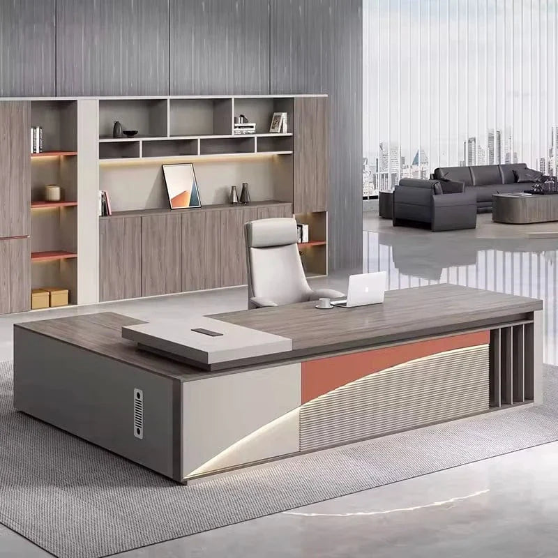 Spacious executive office with an L-shaped desk and a separate sofa lounge area by a panoramic window