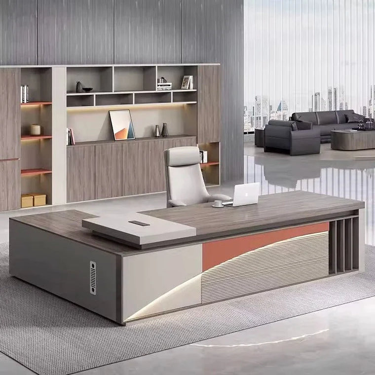 Spacious executive office with an L-shaped desk and a separate sofa lounge area by a panoramic window