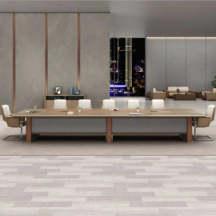 Long rectangular conference table in a city-window boardroom