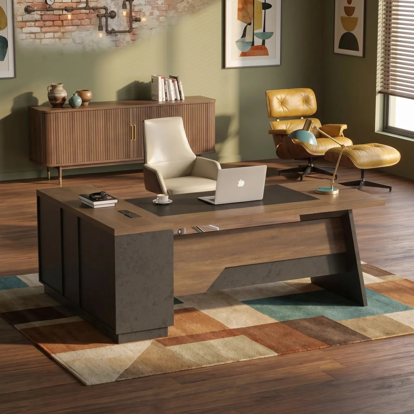 Mid-century modern executive office with warm walnut and clean lines
