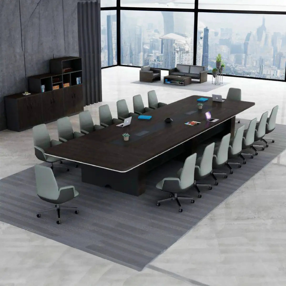 Boardroom conference table in a city-window office