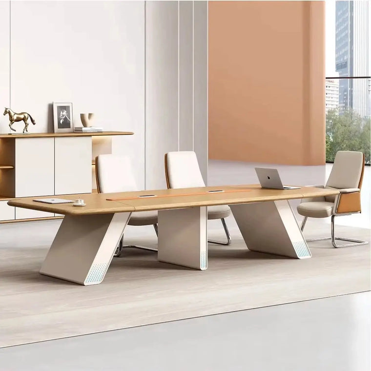 Rounded conference table in a bright meeting room