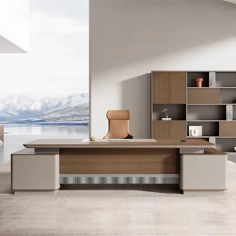 Executive office with a wood desk, shelving, and soft furnishings that control sound