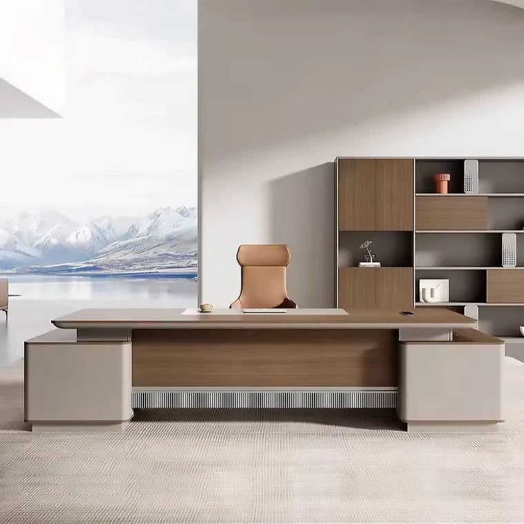 Executive office with a wood desk, shelving, and soft furnishings that control sound