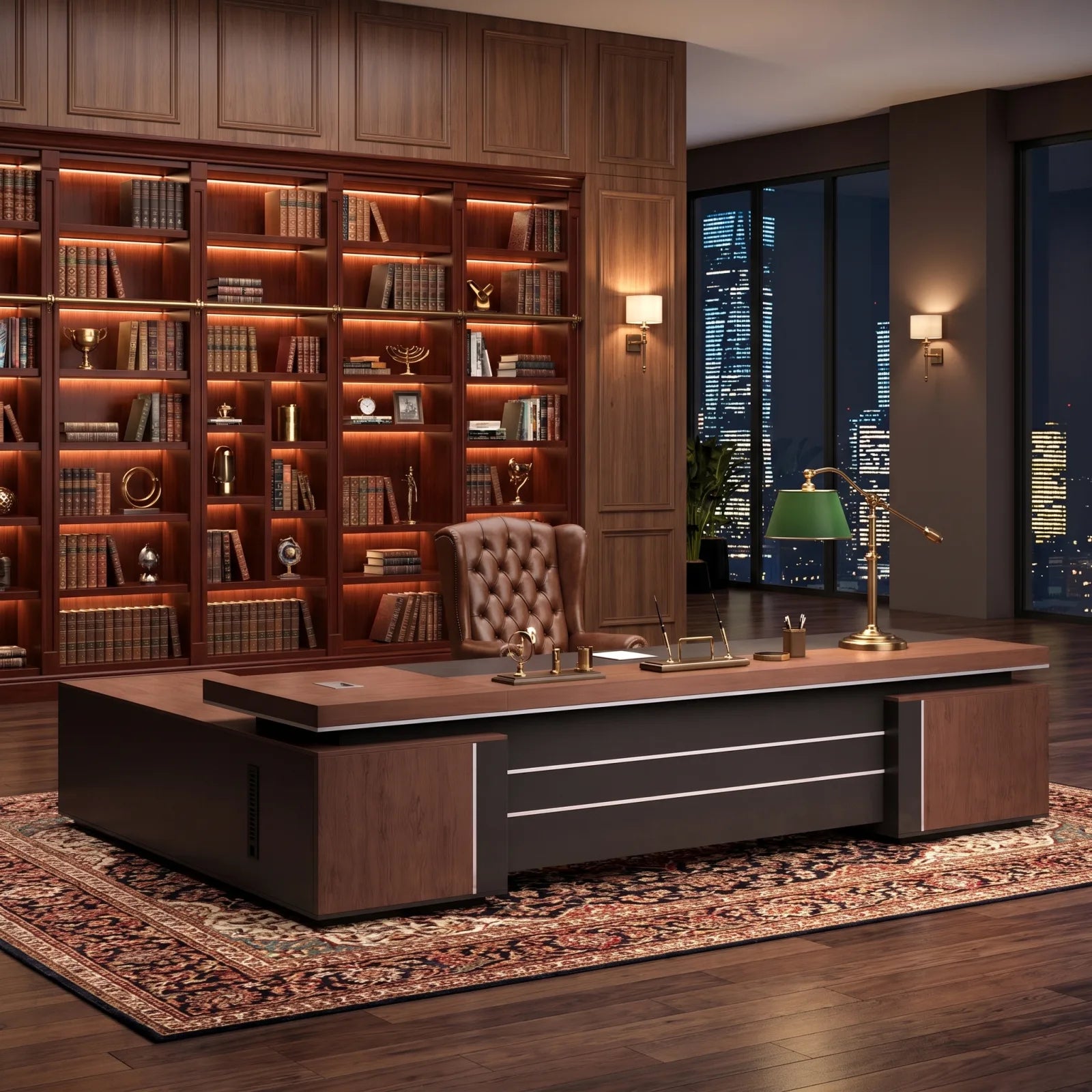 Traditional executive office with a dark mahogany desk, paneling, and brass accents