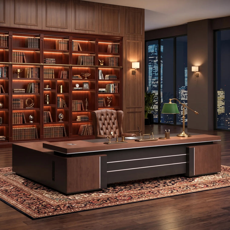 Traditional executive office with a dark mahogany desk, paneling, and brass accents