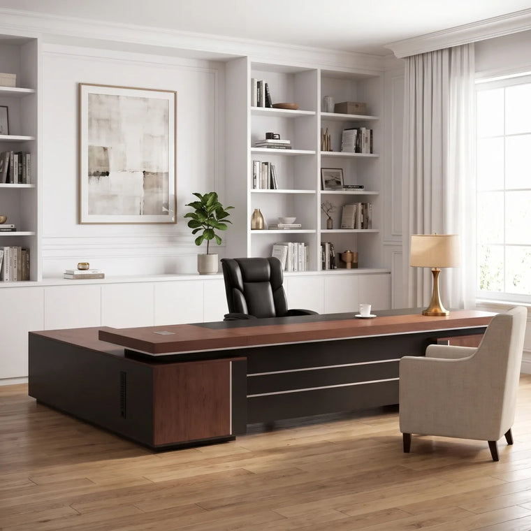Transitional executive office blending warm wood with clean modern lines