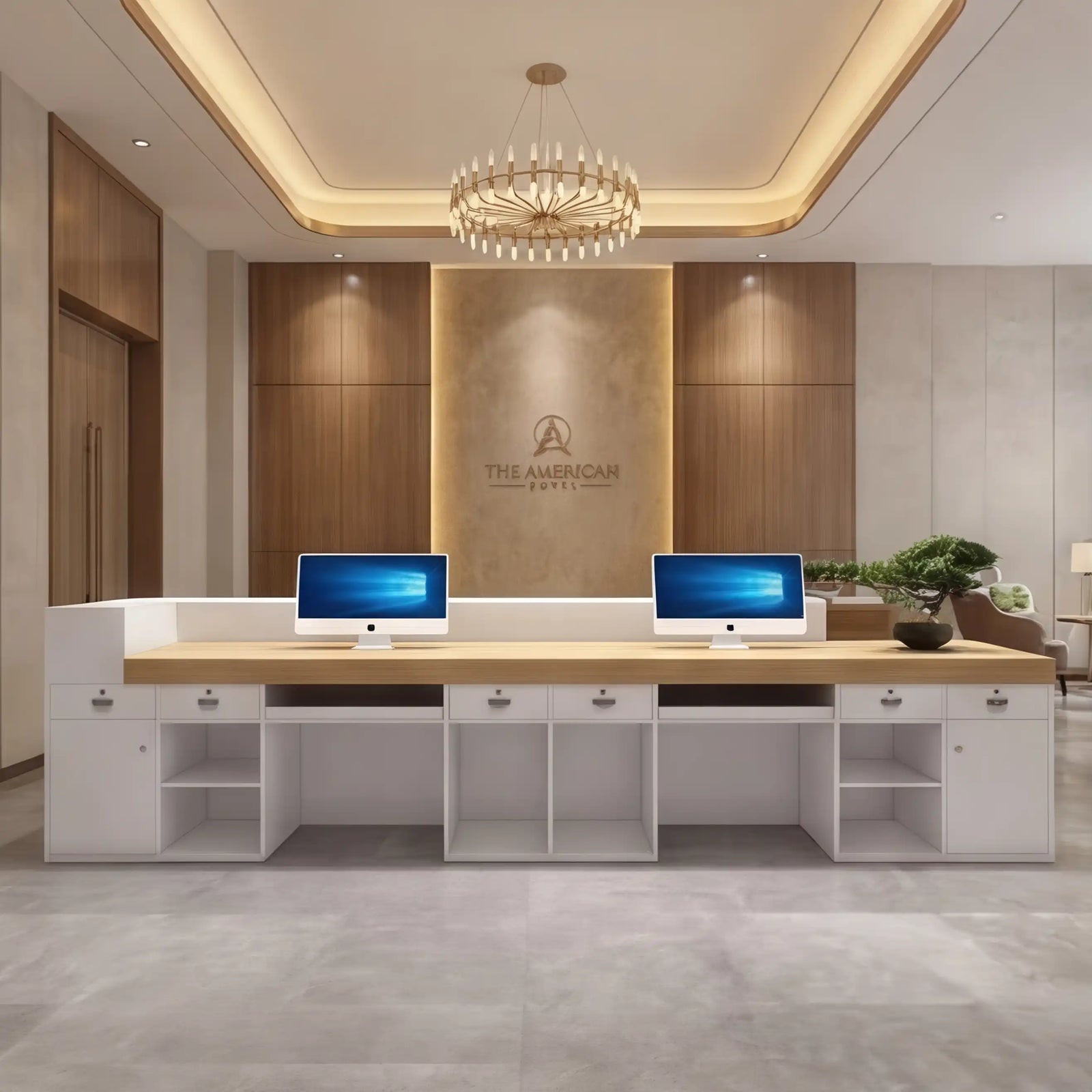 Luxe hotel lobby reception desk beneath a chandelier