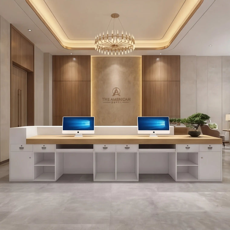 Luxe hotel lobby reception desk beneath a chandelier