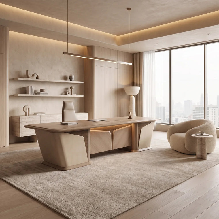 Warm-minimalist executive office with pale wood, soft neutrals, and natural texture