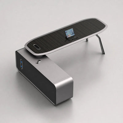 Selvor desk with blade legs and blue-lit ports, rear view