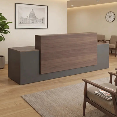 Taviel desk angled in a cream clinic lobby