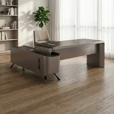 Conex desk in a minimalist home office with sheer curtains