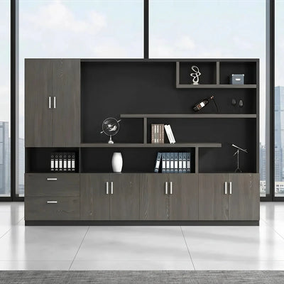 Meriton customizable office storage wall front view by floor-to-ceiling windows, binders on the shelves, closed doors